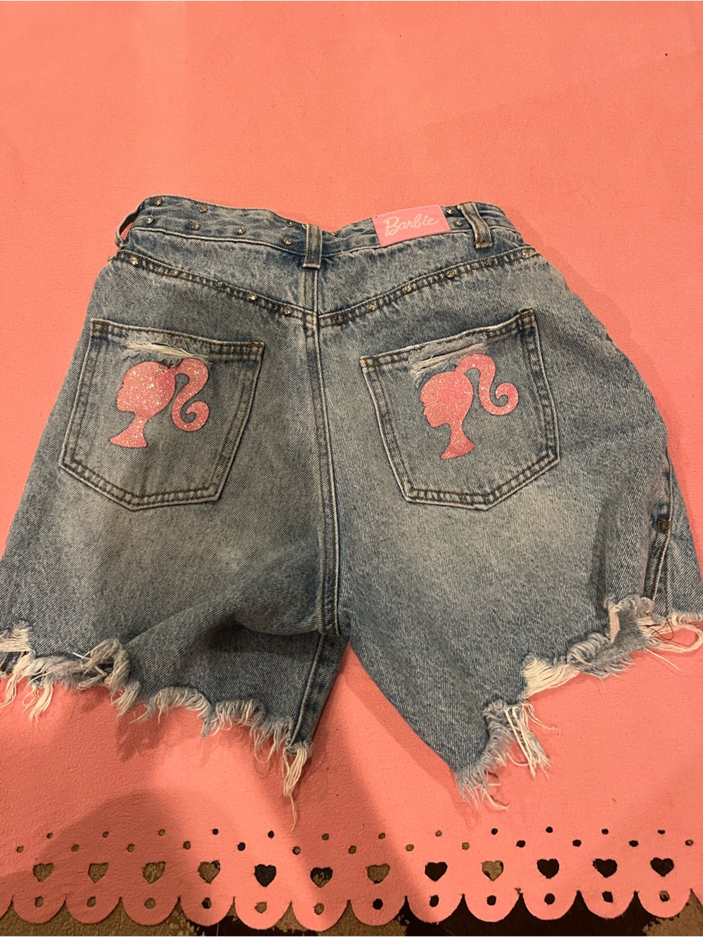 Barbie Distressed Denim Cutoff Shorts with Pink Logo